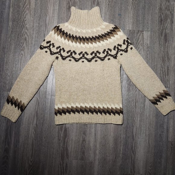 Vintage 90s neutral brown & cream turtleneck isle print chunky knit sweater - Picture 10 of 11